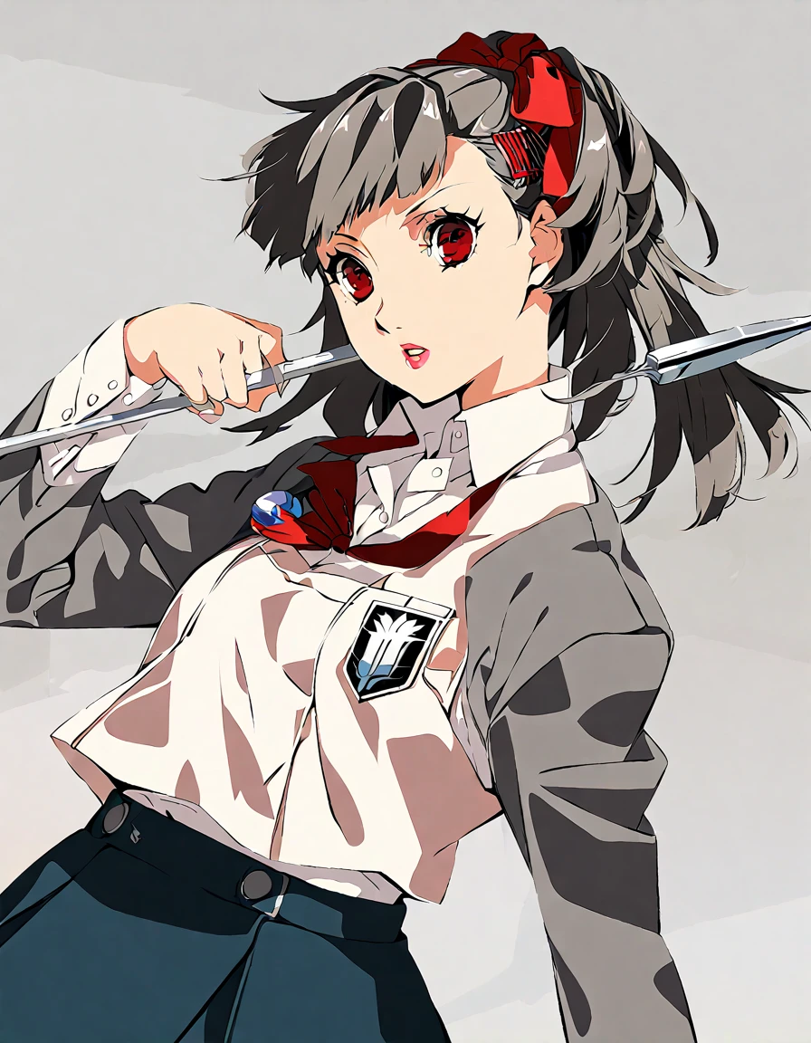 Girl, long sleeves, school uniform, spear, posing, good hand anatomy, good anatomy, perfect anatomy, female anatomy, Kotone Shiomi