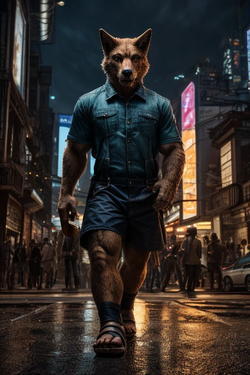 "Anthropomorphic werewolf male, muscular and adult, wearing casual Brazilian-style clothing: tropical print shirt, shorts, and sandals. Holding a beer bottle in one hand. Background: São Paulo cityscape with iconic urban landmarks such as Paulista Avenue. Cinematic atmosphere: sunset or nighttime, vibrant city lights, realistic reflections on glass buildings, bustling streets, and subtle details like passing cars and distant silhouettes of people. Style: ultra-detailed 3D, cinematic realism, hyperrealistic rendering in Ultra HD 8K. Focus on realistic fur textures, muscular anatomy, warm lighting, and expressive eyes. Overall scene: vibrant, photorealistic, and dynamic."