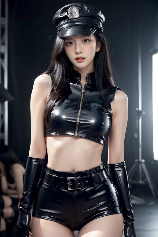 a beautiful young asian woman,long flowing hair,black latex croptop,black shorts,black elbow gloves,thigh-high black boots,police hat,detailed face,high quality,photorealistic,8k,masterpiece,professional,studio lighting,ultra-detailed,extremely detailed facial features,extremely detailed eyes and face,beautiful detailed eyes,beautiful detailed lips,realistic,cinematic lighting,dramatic lighting,stunning,breathtaking,elegant,graceful,powerful,badass, sexy pose