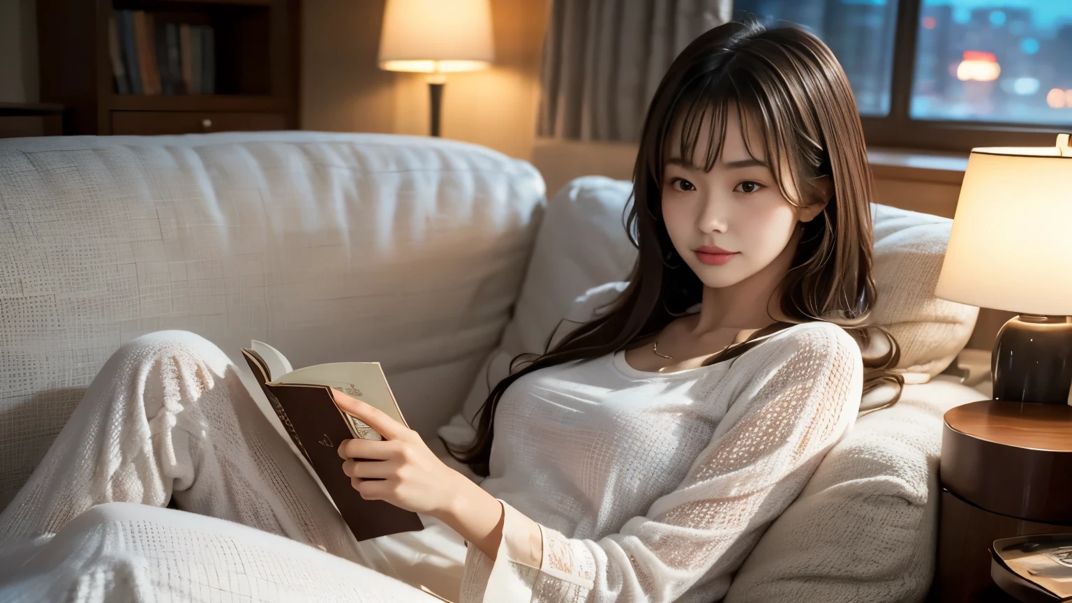 Produce the highest quality and highest resolution 8K images。Please draw a 20-year-old Japanese woman lying on her bed reading a book.。She has brown eyes and a model figure.、She has an idol-level cute face.。The hair is wavy。The skin is、It is a natural skin color。What to wear、Wearing stylish loungewear。