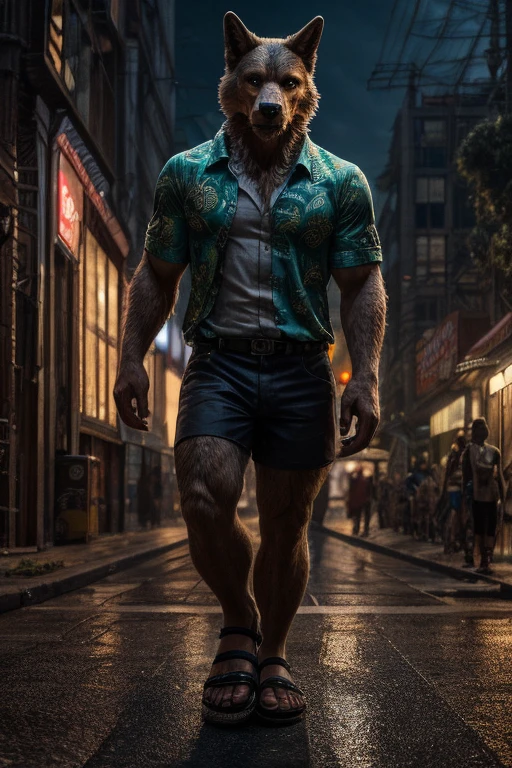 "Anthropomorphic werewolf male, muscular and adult, wearing casual Brazilian-style clothing: tropical print shirt, shorts, and sandals. Holding a beer bottle in one hand. Background: São Paulo cityscape with iconic urban landmarks such as Paulista Avenue. Cinematic atmosphere: sunset or nighttime, vibrant city lights, realistic reflections on glass buildings, bustling streets, and subtle details like passing cars and distant silhouettes of people. Style: ultra-detailed 3D, cinematic realism, hyperrealistic rendering in Ultra HD 8K. Focus on realistic fur textures, muscular anatomy, warm lighting, and expressive eyes. Overall scene: vibrant, photorealistic, and dynamic."