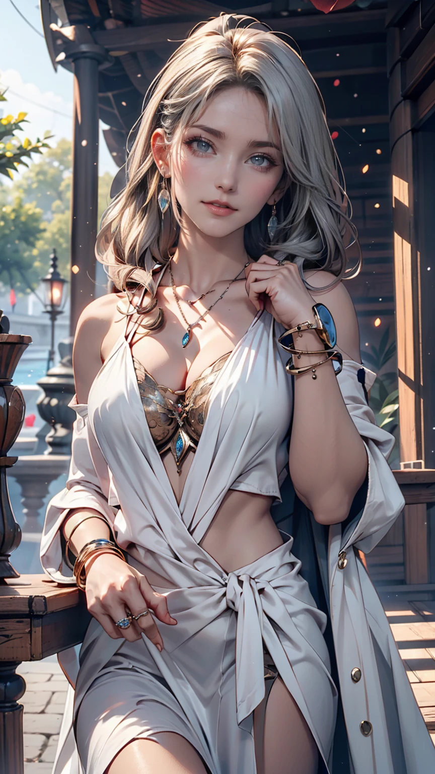 , Colossal,  Twin Tails ,  Silver Hair,  hoodie,  vintage gothic,  pose, cute,  raise your face,  High Quality ,  necklace, ring,  bracelet ,  earrings、Aphrodita ( Aphrodite)、Goddess of Beauty
