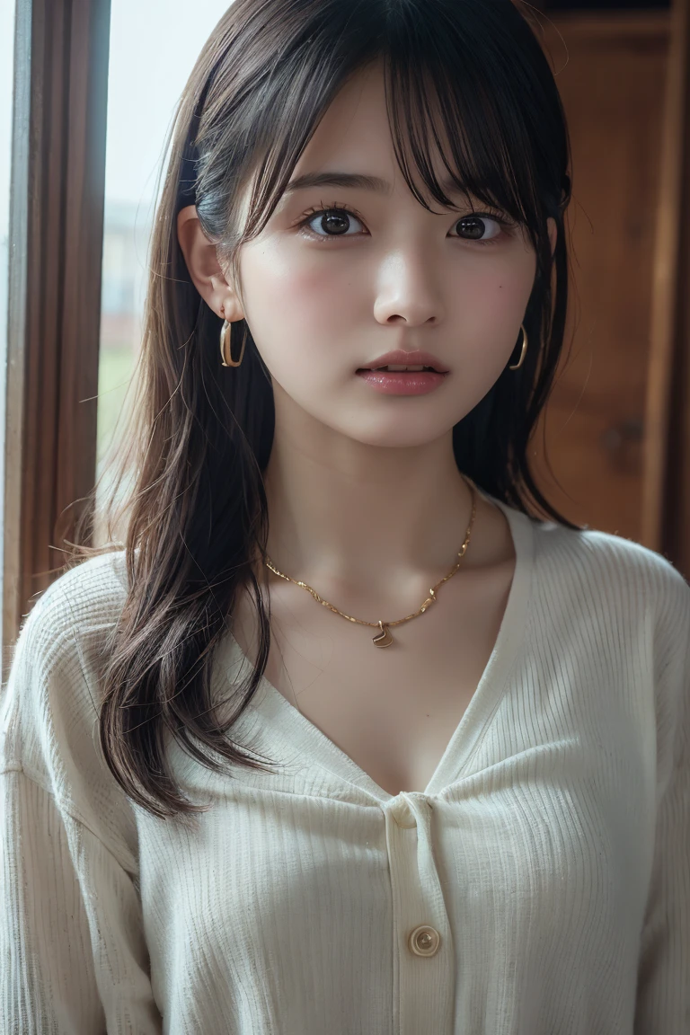 (((Portrait of one person:1.2))), ((A beautiful girl is changing in the girls' locker room:1.4)), ((性欲の強いhigh school girl:1.3)), (8k, RAW Photos, Highest quality, masterpiece:1.2), Looking at the audience, Viewed from the front, Beautiful white skin, knees, Absurd face is small, Part your bangs down the middle, The forehead is visible, Glare, ((Seductive look:1.3)), Ultra-high resolution, ((Slender body line)), (Outstanding proportions), high school girl, (Idolフェイス:1.5, Baby Face:1.7, Young Face:1.6), Japanese women, Are standing, (Photorealistic:1.37), Photon Mapping, Realistic, Cute and small face, Brown eyes, prospect, Written boundary depth, Blurred Background, (I can see the bangs), (Silky smooth straight hair:1.3), (Firm stomach:1.3), (Beautiful and slim thighs:1.4), (Small beautiful butt:1.2), (Curved waist), thigh, Nogizaka idol, Idol, (Detailed hands:1.3, Delicate fingertips:1.3, Precise handcraft with attention to detail:1.4, Beautiful little hands of a girl:1.3), ((Firm and beautiful breasts:1.3)), Super quality, Low people, (Clear white skin, Skin with visible pores:1.2), (Focus on the face), Check and correct the garment construction, (Perfect Anatomy:1.4), (Detailed eyes and face:1.3, Professional photography techniques), (Detailed arms and legs:1.4), (View the viewer, blush:1.3), ((Sexy pose:1.2)), (I can't see my hands:1.3)