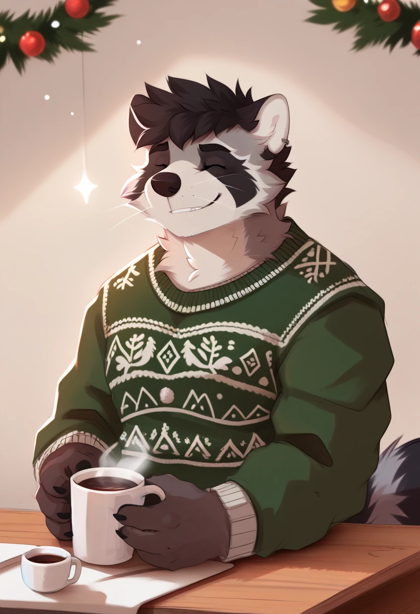 Author: pache riggs, Alone, raccoon,  looking at the spectator ,  short hair, ugly Christmas sweater,  with a cup of hot chocolate, smiling closed eyes , top frame 