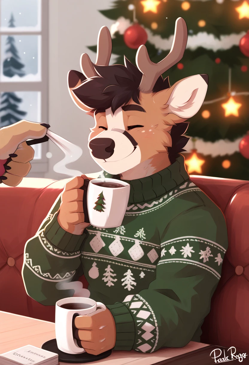 Author: pache riggs, deer, dog,  looking at the spectator ,  short hair, ugly Christmas sweater,  with a cup of hot chocolate, smiling closed eyes , top frame 