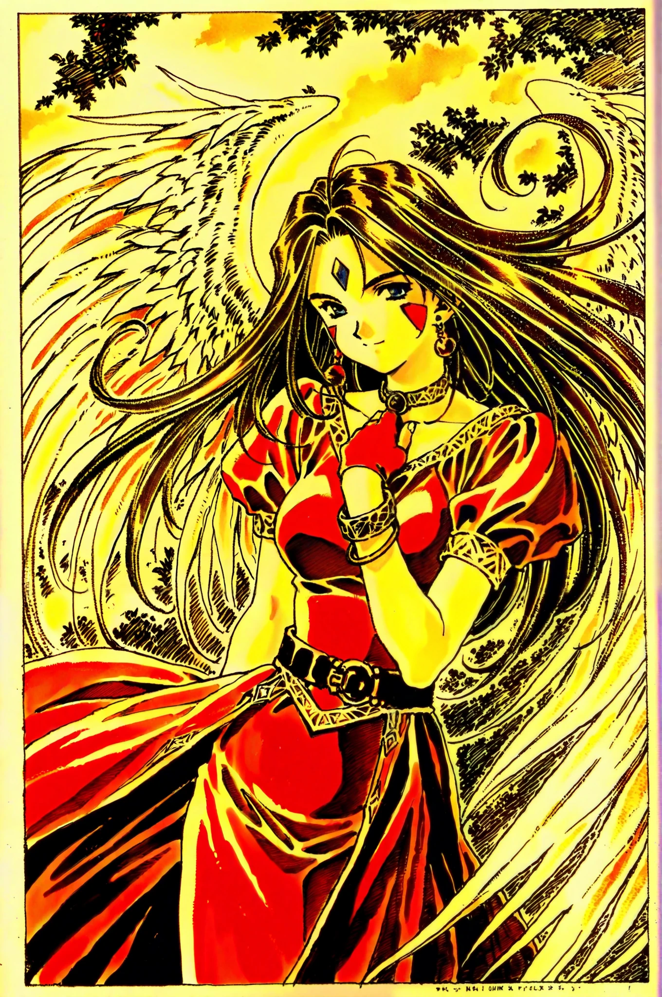  Beldaddy, 1 girl,Alone,Wings, long hair,Facial markings,gem,Brown Hair,Mark on the forehead, blue eyes, bracelet ,fingerless  gloves, gloves,day,null,cloud,angel wings, standing with different breasts ,ring, upper body,  hand on own chest , traditional media,unk unk kk akari three chicken ro ai kuku ru ai si three tyunk tyunk gan gan gan utin an an an to ne a q r o un gangangan to oooooooooo to su suru r korede daijyobu
