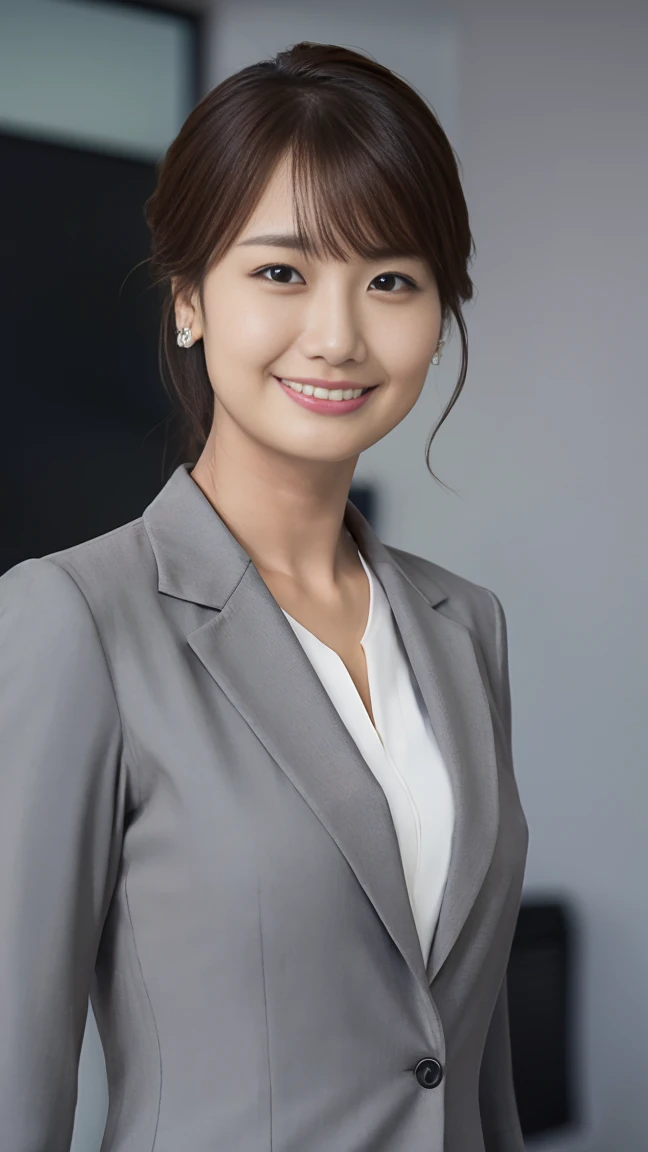 masutepiece, Best Quality, Photorealsitic, finely detail, hight resolution,beautiful japanese woman,beautiful detailed eyes, beautiful detailed lips, extremely detailed face, small head, small areola, cinematic lighting, photorealistic, 8k, high quality, hyper detailed, look at me,smile,(office lady gray suits:1.4),(random location),(medium breasts:1.2),(inoueseika),slender,beautifull legs,(sexy posing:1.2), (bokeh:1.3), (upper body),(mini skirt)