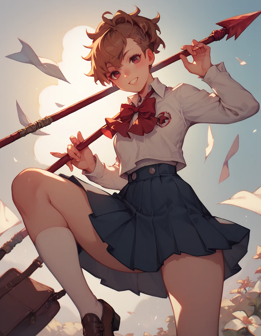 Girl, long sleeves, school uniform, spear, posing, good hand anatomy, good anatomy, perfect anatomy, female anatomy, Kotone Shiomi