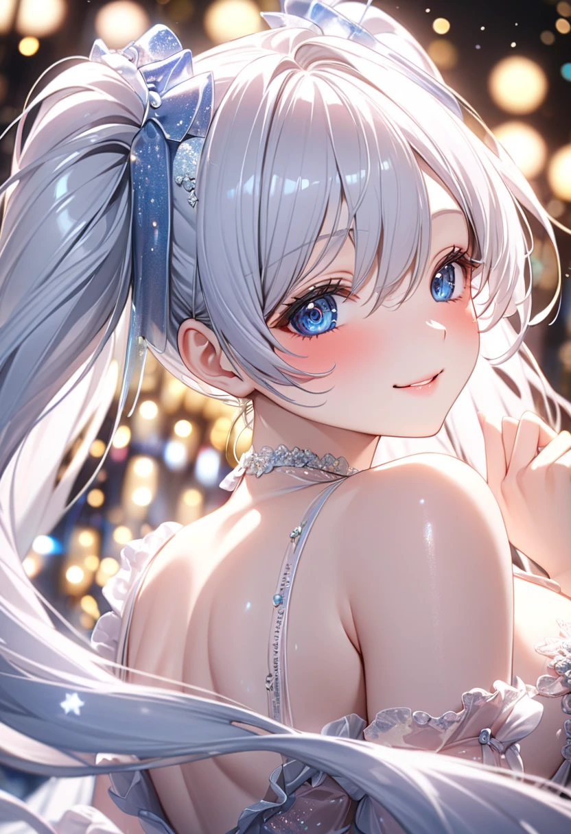 (((nsfw))),  1 girl, Alone, gp_Cinderella ,【FHD,  more, top-quality,  very delicate , cinematic Lighting,   more , 【FHD,  more, top-quality,  very delicate ,   faces the lens , Front View ,masterpiece,  top quality,  cute pose ,  dynamic angle ,  amazingly absurd ,  high detail eyes, ((tsurime)),  cute eyes from the right, smile, whole body,  cute face, From the right, , Turn to the side, Anakilox ,  Twin Tails ,  very long hair,    Silverhair ,  Hair Covering One Eye, Blue Eye, Eye Contours , Big Breasts, Bokeh, Shibuya,  Christmas Illuminations , Light,  neon sign 