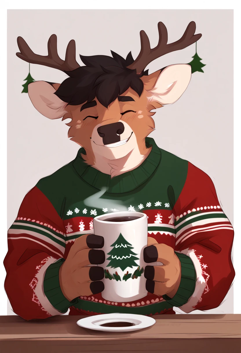 Author: pache riggs, deer, dog,  looking at the spectator ,  short hair, ugly Christmas sweater,  with a cup of hot chocolate, smiling closed eyes , top frame 