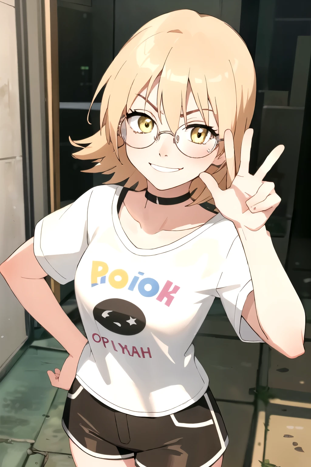 ((best quality)),((highly detailed)),masterpiece,absurdres,beautiful face,(detailed eyes, deep eyes),1girl,((dynamic pose)) , haruko, round glasses, Korean glasses, yellow eyes, blonde hair, short hair, white t-shirt, long shorts, looking at viewer, smirk, standing up, full body.