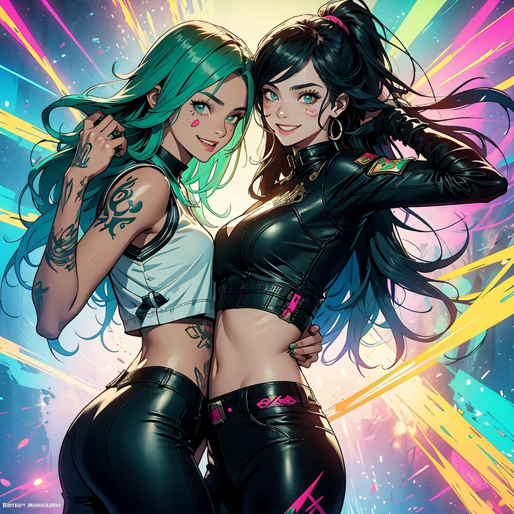 Jogo freefire,female characters with neon tattoos and laughing,long hair,posing, fundo verde simples.