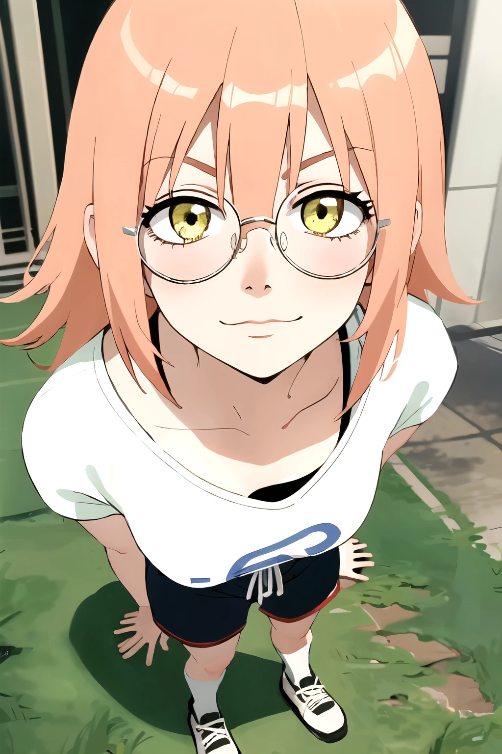 ((best quality)),((highly detailed)),masterpiece,absurdres,beautiful face,(detailed eyes, deep eyes),1girl,((dynamic pose)) , haruko, round glasses, Korean glasses, yellow eyes, blonde hair, short hair, white t-shirt, short pants, looking at viewer, smirk, standing up, full body.