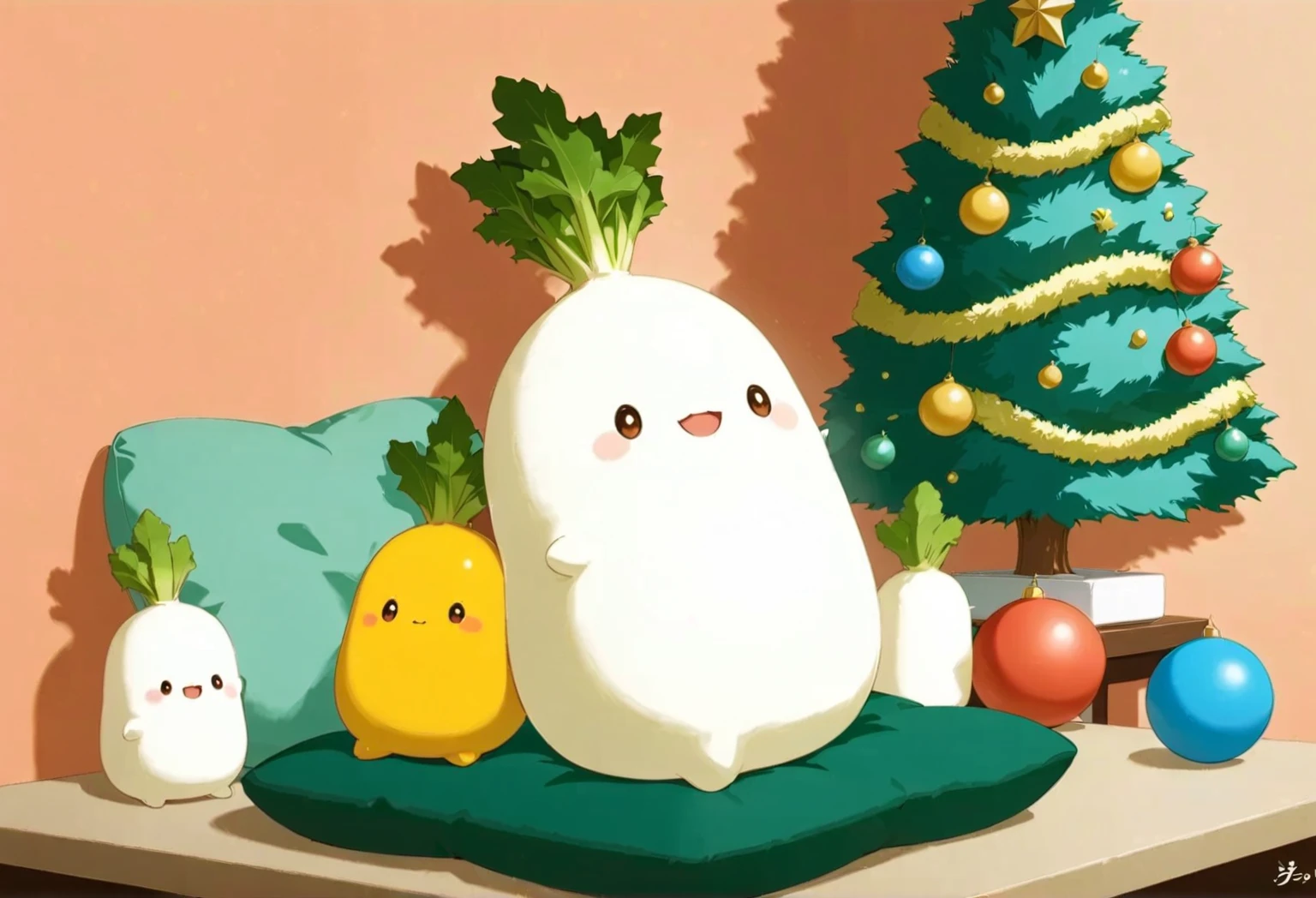  There are 2 white and yellow vegetables on the table, Today&#39;s anime stills,  anime food, Cute Anime, A still from the anime,  cute digital art ,  Christmas Ornaments:1.5, Decorate the room with Christmas decorations :1.5