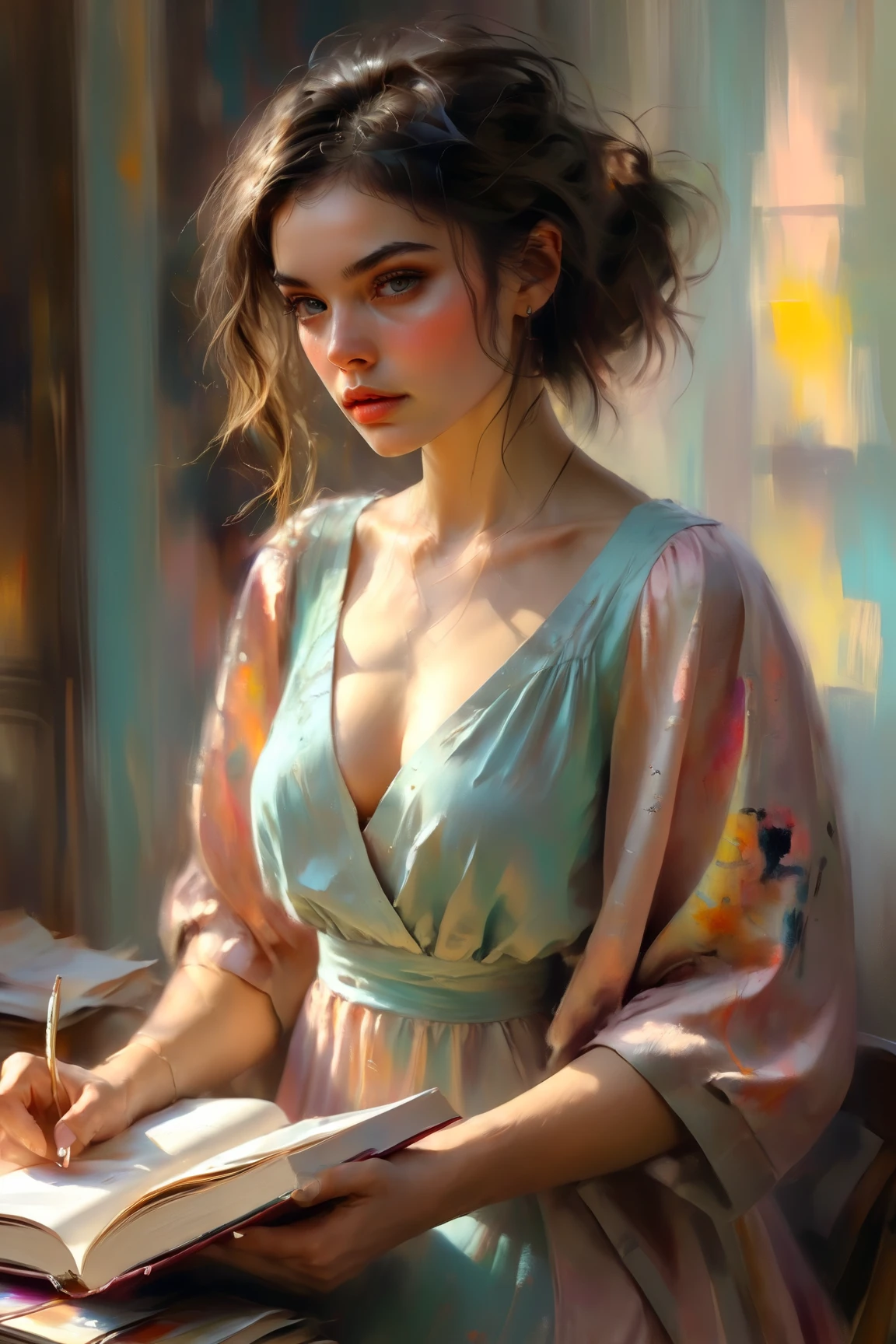 pastel portrait, shoulder lose dress,Позитив Клип L 8k, отмеченный наградами, proФessional close up, style oФ Casey Baugh, style oФ Pino Daeni, beautiful woman reading book