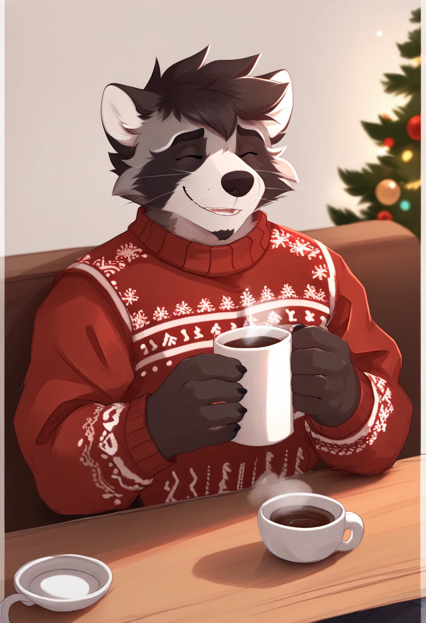 Author: pache riggs, Alone, raccoon,  looking at the spectator ,  short hair, ugly Christmas sweater,  with a cup of hot chocolate, smiling closed eyes , top frame 