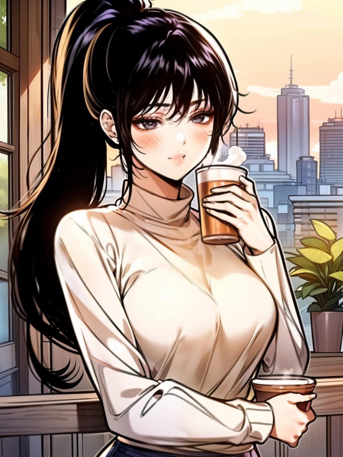 A young woman with long, black ponytail hair cascading over her shoulders, and black eyes that radiate kindness. She is wearing a cozy red sweater, slightly oversized, with the sleeves gently rolled up. The sweater hugs her figure in a casual yet elegant way. She pairs it with light blue jeans and simple white sneakers for a relaxed look. She stands on a charming balcony at sunset, holding a steaming cup of coffee in one hand. Her soft smile adds warmth to the scene. The background features potted plants, a small table with an open book, and a glowing city skyline bathed in golden-orange light. Manhwa style, My landlady noona style, super fine face, super fine nose, super fine mouth, super fine fingers, super fine body, super fine hand, perfect body, golden ratio, good shape, muscular, super realistic, red sweater, super detailed