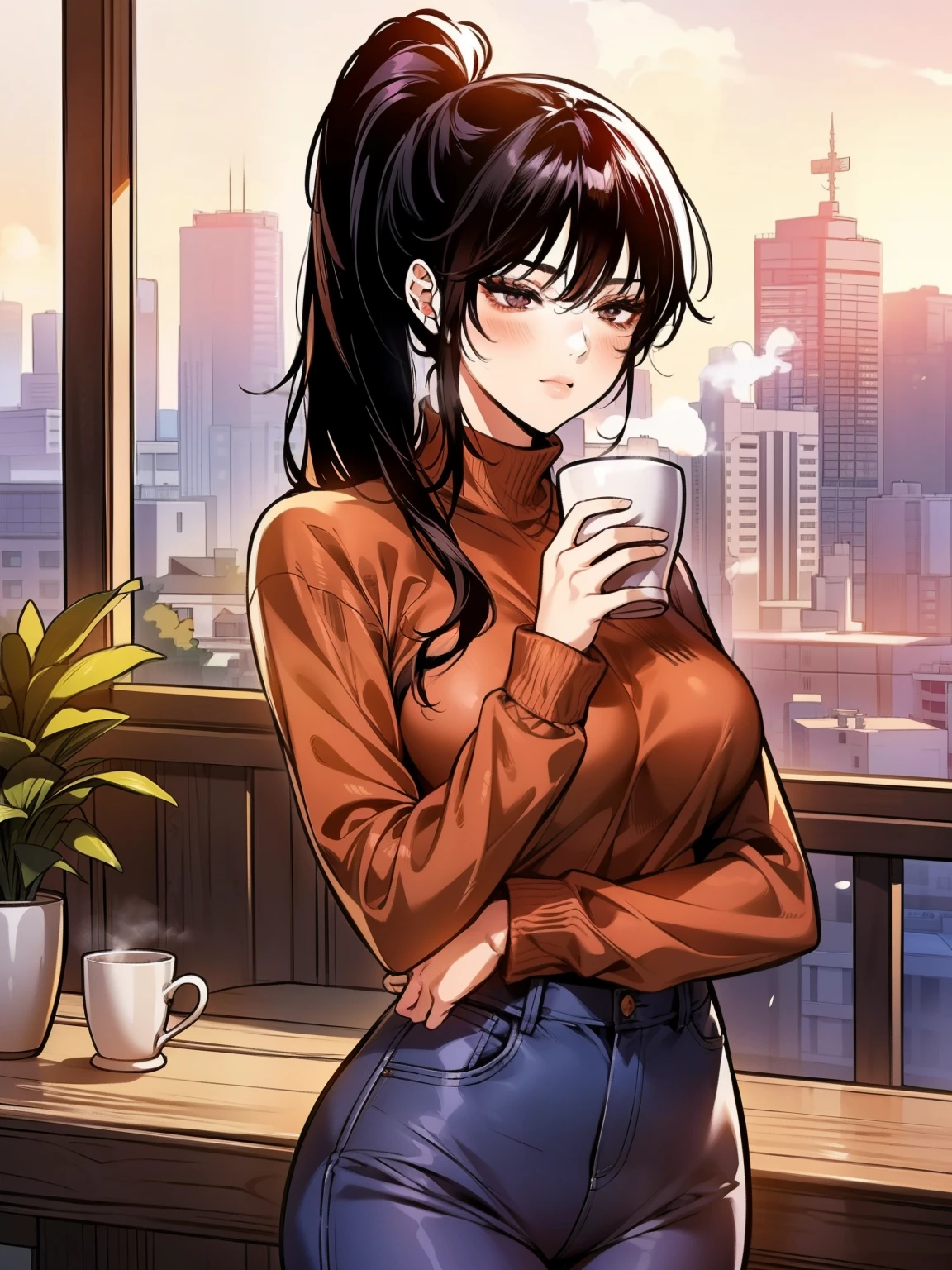 A young woman with long, black ponytail hair cascading over her shoulders, and black eyes that radiate kindness. She is wearing a cozy red sweater, slightly oversized, with the sleeves gently rolled up. The sweater hugs her figure in a casual yet elegant way. She pairs it with light blue jeans and simple white sneakers for a relaxed look. She stands on a charming balcony at sunset, holding a steaming cup of coffee in one hand. Her soft smile adds warmth to the scene. The background features potted plants, a small table with an open book, and a glowing city skyline bathed in golden-orange light. Manhwa style, My landlady noona style, super fine face, super fine nose, super fine mouth, super fine fingers, super fine body, super fine hand, perfect body, golden ratio, good shape, muscular, super realistic, red sweater, super detailed