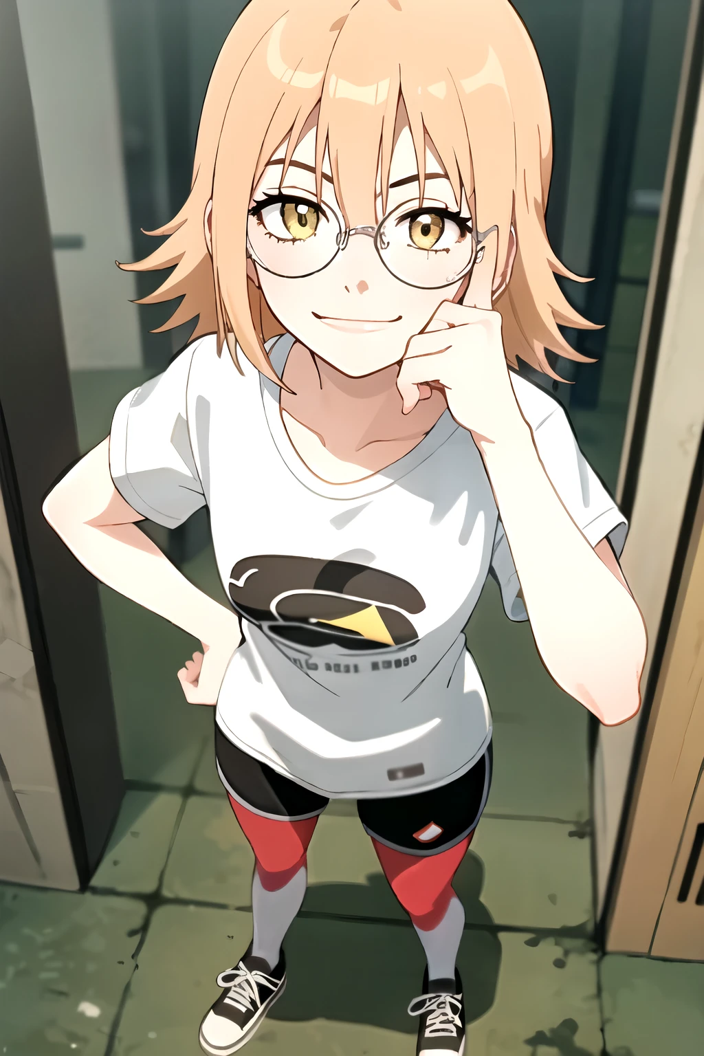 ((best quality)),((highly detailed)),masterpiece,absurdres,beautiful face,(detailed eyes, deep eyes),1girl, hands on hip, haruko, round glasses, Korean glasses, yellow eyes, blonde hair, short hair, white t-shirt, short pants, looking at viewer, smirk, standing up, full body, walkman.