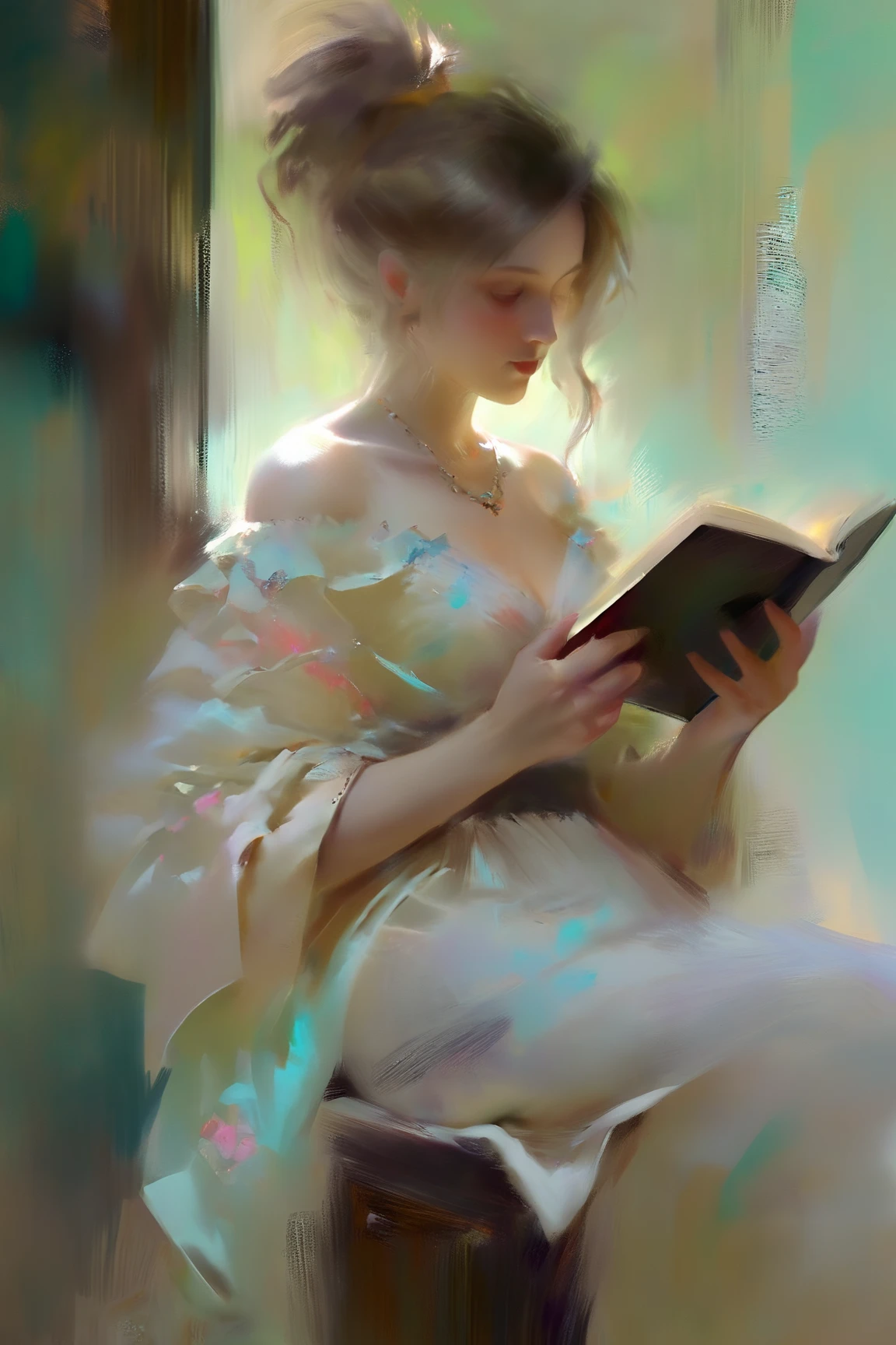 pastel portrait, shoulder lose dress,Позитив Клип L 8k, отмеченный наградами, proФessional close up, style oФ Casey Baugh, style oФ Pino Daeni, beautiful woman reading book