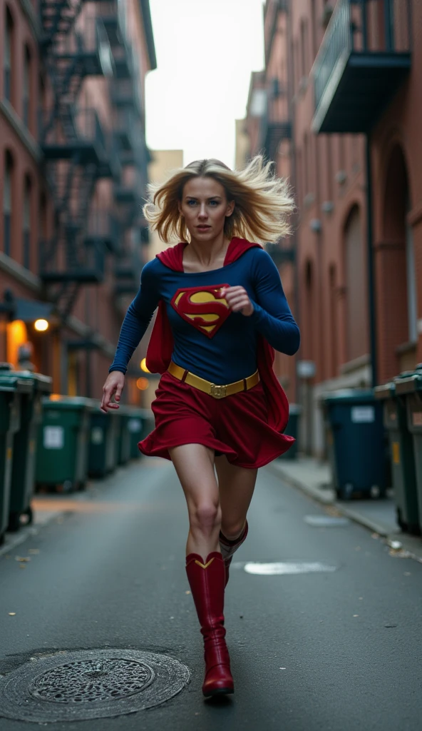 Dynamic tracking shot in a narrow urban alley at dusk, with brick buildings and fire escapes framing the scene. Supergirl sprints at superhuman speed directly toward the camera, the ground blurring beneath her as shockwaves ripple subtly from her footsteps. Her expression is focused and intense, locked on a distant enemy. While running at incredible speed, she swiftly removes her dark blazer and white shirt, revealing the iconic Supergirl suit underneath. The camera follows her in a smooth dolly-in motion, maintaining a tight medium shot to capture her transformation in detail. Her blonde hair flows dramatically in the powerful wind generated by her speed. The ambient lighting is soft and natural, with cool tones reflecting the tension in the scene, while subtle lens flares, motion blur, and streaking effects emphasize the sense of rapid movement. Trash cans and alley details blur into streaks of color, keeping the audience's attention solely on her determined figure as she propels herself forward with unwavering purpose