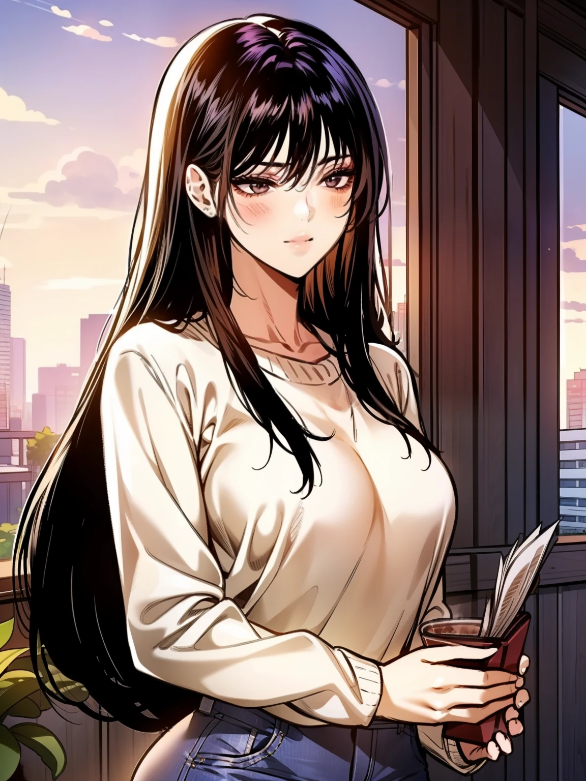 A young woman with long, black straight hair cascading over her shoulders, and black eyes that radiate kindness. She is wearing a cozy red sweater, slightly oversized, with the sleeves gently rolled up. The sweater hugs her figure in a casual yet elegant way. She pairs it with light blue jeans and simple white sneakers for a relaxed look. She stands on a charming balcony at sunset, holding a steaming cup of coffee in one hand. Her soft smile adds warmth to the scene. The background features potted plants, a small table with an open book, and a glowing city skyline bathed in golden-orange light. Manhwa style, My landlady noona style, super fine face, super fine nose, super fine mouth, super fine fingers, super fine body, super fine hand, perfect body, golden ratio, good shape, muscular, super realistic, red sweater, super detailed