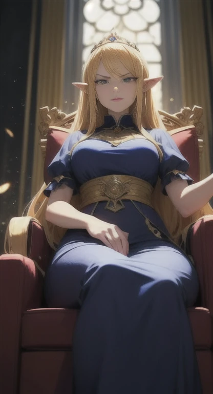 Royal life, tyrannical empress, Hylia,
Looking at Viewer, From below, Focus,
Particles of light, throne, glaring at viewer,
masterpiece, top-quality, Anatomically correct, SFW,
POV, imperial dress,