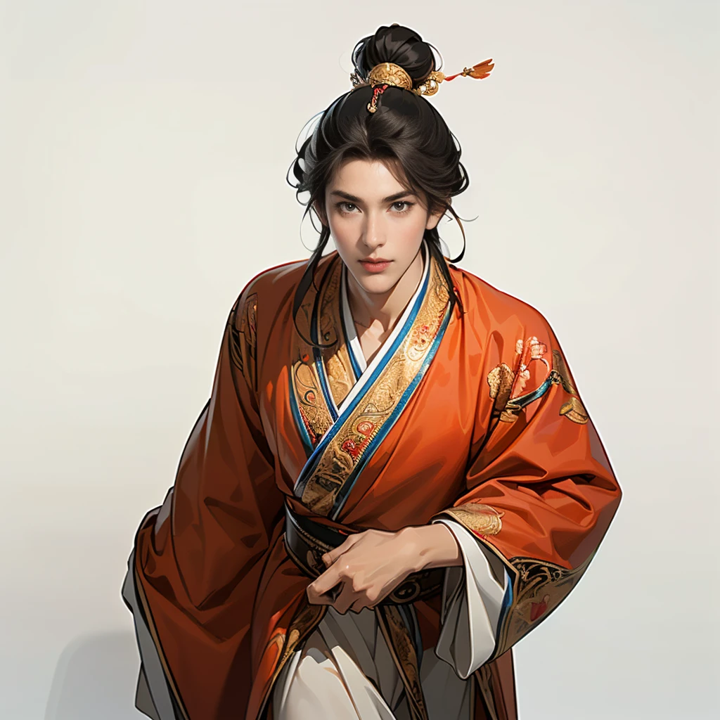 ( top quality,4K,8k, high definition ,masterpiece:1.2),super detailed,(super fine illustration),((( ONE 20 YEAR-OLD MAN DRAWED IN ANIME STYLE ILLUSTRATION ))),Heroes of the Three Kingdoms, neutral face :1.3, confident expression,(( PERFECTLY SET WITH LONG BLACK HAIR AND HANGING BANKS,VERY SEXY MAN )), detailed eyes :1.2, perfect eyes,(( Attractive Dark Eyes )),( well-trained body, thin macho),cinematic lighting, spotlight, soft shadows,((I'm making you open my chest:1.2,An ancient Chinese red costume with fine embroidery leading up to detailed works of art:1.3,dynamic pause:1.2)),(( Cowboy Shot :1.2)),(( white background:1.3,simple background:1.2)),((( standing:1.3, depicting everything from the tip of the head to above the knee :1.3)))