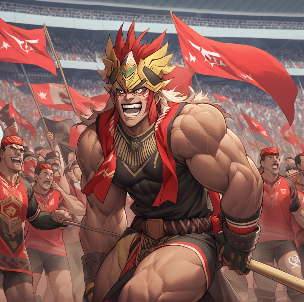 I want to create an image of Indonesian national team supporters with culture ultras with muscular bodies by carrying the flag of the country of Indonesia and the flag of garuda with the ground of gelora bung Karno stadium 