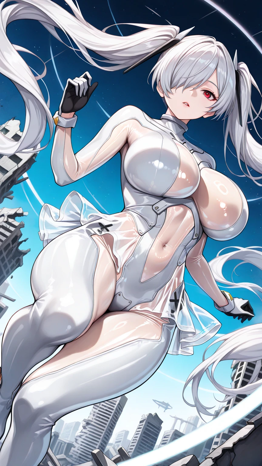 (masterpiece,  top quality,  absurd,  high definition ,  Concept Art ,  vibrant colors,  more, up to date, Ray Tracing),  1 girl, Alone, Syndef  , red eyes, White pupil, (Detailed and beautiful gray hair,  Twin Tails ,  very long shiny hair ,  Hair over one eye, White shiny hair),  one eye with cover,  hair ornament,  Big Breasts, Realistic Face,  detailed face , ( light-reflecting white bodysuit, super shiny white bodysuit,  clevis on a stone,   clothing cutouts,  see-through skirt, belly button, Thighs,  Two-tone gloves , latex),  viewers of the pin, Open lips, ( outdoor, Beautifully detailed ruins,  Ruined City, night), (shiny skin,  beautiful skin,  Textured Skin ,  smooth skin,  shiny skin, Body that emits light ), (aerial, jumping, leg up), (from below), 