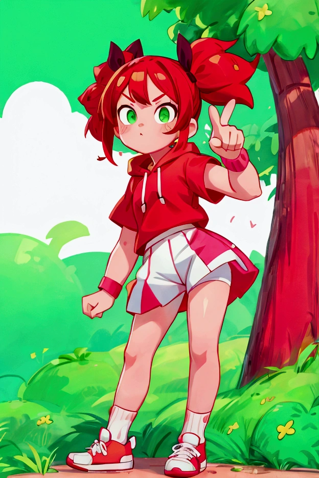 1girl, red hair, twintails, green eyes, hair bow, pink hoodie, short sleeves, wristband, white skirt, bike shorts, socks, sneakers, outdoors, park, bench, standing, pointing at viewer, wink, looking at viewer score_9, score_8_up, score_7_up, score_6_up, score_5_up, score_4_up, BREAK source_anime, masterpiece
INFO
