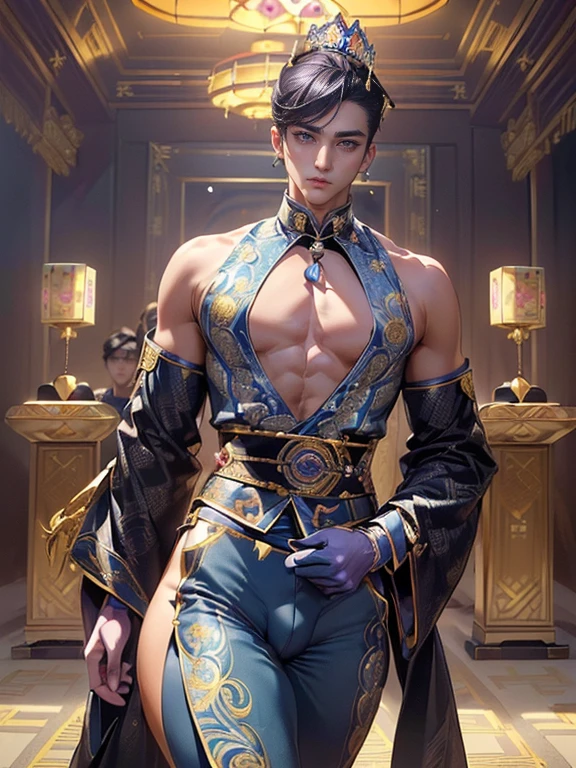 (masterpiece,best quality,ultra_detailed,highres,absurdres), (detailed shadow), (quality light), 1 (mature_idol_male:2.1) (korean_male:1.8) (with bulge:2.0), 15-ish, (muscleale focus), (solo:1.5), short black Quiff hair with Soft Fringe (bangs part on side 3:7 ratio), blue_eyes (detailed eyes), androgynous young beautiful pretty cute elegant (korean_male_super_sentai_queen) (in modern_luxury_jeweled_ornamented_patterned_colored_super_sentai_queen_uniform with top and bottom:1.8) is (walking on modern_luxury_korean_palace:1.9), (eyelashes), (thigh_gap), pectorals, (wide_flat_chest, wide_shoulders:1.9), (big_wide_hips, big_wide_pelvis:1.8), (warm_smile:1.2), (thin_waist, dented_waist, waist_narrower_and_thinner_than_neck:1.8), (en_face, side_view:1.1), (swayback, curvy_waist, arched_back), short hair, looking at viewer, parted lips, ((PERFECT_FACE)), ((finely_detailed_beautiful_eyes_and_detailed_face)), (best_illumination, best_shadow, an_extremely_delicate_and_beautiful)