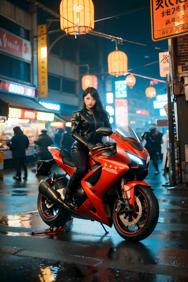 ((masterpiece)),((best quality)),((high detail)),((realistic,)) 1girl in  Futurist era city, deep gorges in the middle, architectural streets, bazaars, bridges, cyberpunk, European architecture, rainy night, neon, futuristic motorcycle