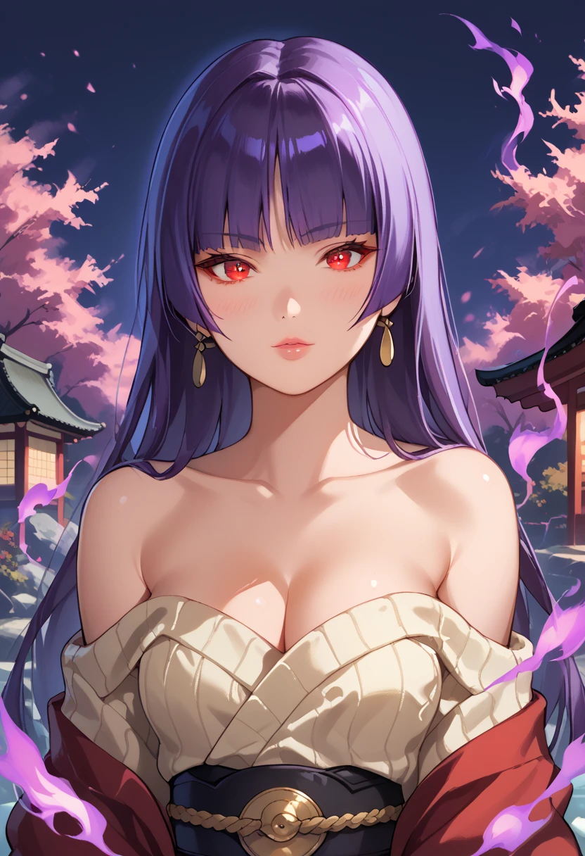 Score_9, score_8_up, score_7_up, score_6_up, source_anime, rating:general, 1girl, upper body, sabrina pokemon, purple hair, long hair, hime cut, stunning red eyes, pale skin, blush, perfect lips, sultry look, looking at viewer, head tilt, vrigin killer sweater, medium sized breasts, exposed shoulders, cleavage, traditional Japanese garden, outdoors, solo, 8k quality, vivid colors, perfect shadowing, perfect lighting, cowboy shot, looking at viewer, SmokeyAura, Aura, Smoke, blazing aura  