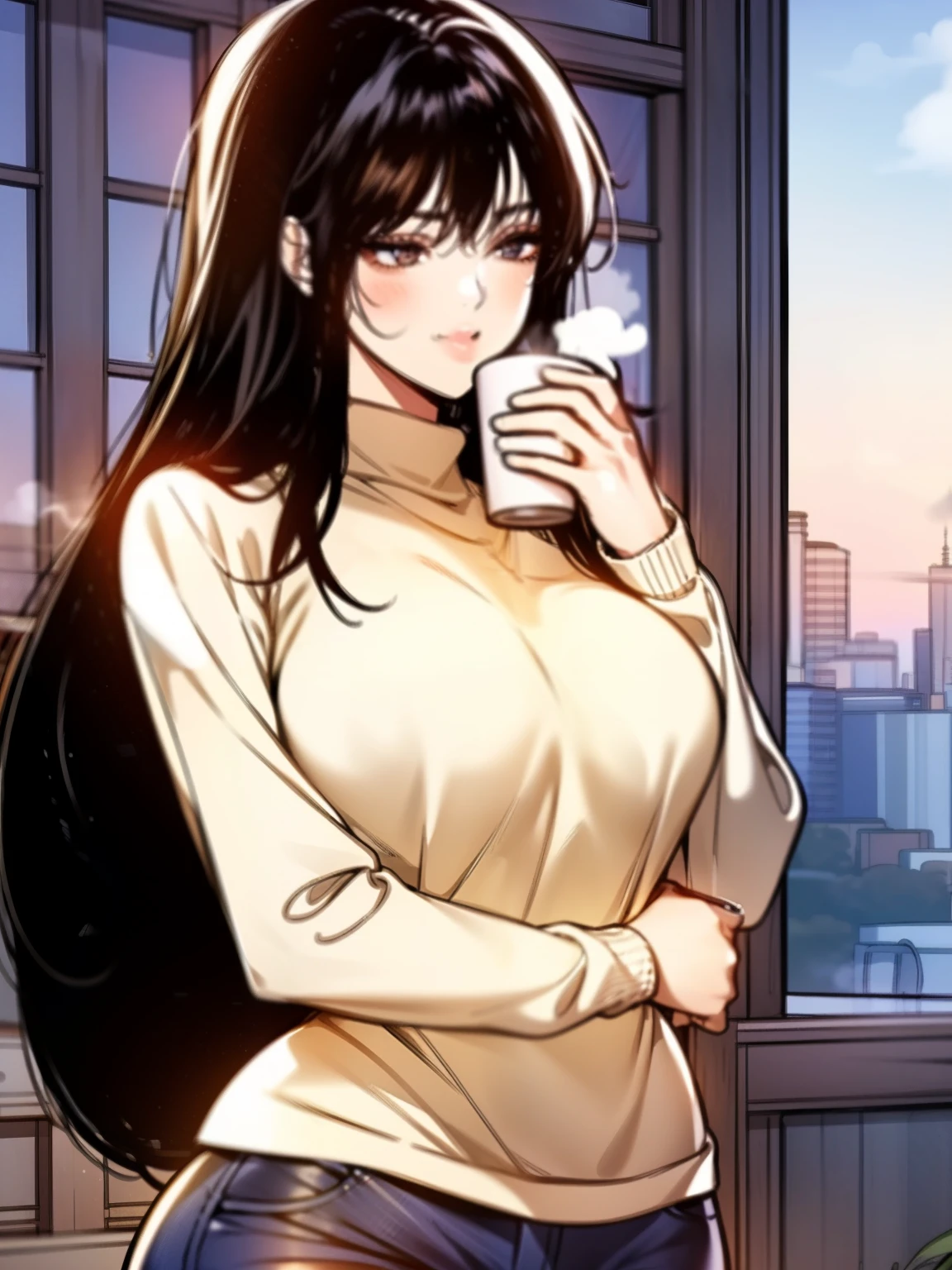 A young woman with long, black straight hair cascading over her shoulders, and black eyes that radiate kindness. She is wearing a cozy red sweater, slightly oversized, with the sleeves gently rolled up. The sweater hugs her figure in a casual yet elegant way. She pairs it with light blue jeans and simple white sneakers for a relaxed look. She stands on a charming balcony at sunset, holding a steaming cup of coffee in one hand. Her soft smile adds warmth to the scene. The background features potted plants, a small table with an open book, and a glowing city skyline bathed in golden-orange light. Manhwa style, My landlady noona style, super fine face, super fine nose, super fine mouth, super fine fingers, super fine body, super fine hand, perfect body, golden ratio, good shape, muscular, super realistic, red sweater, super detailed