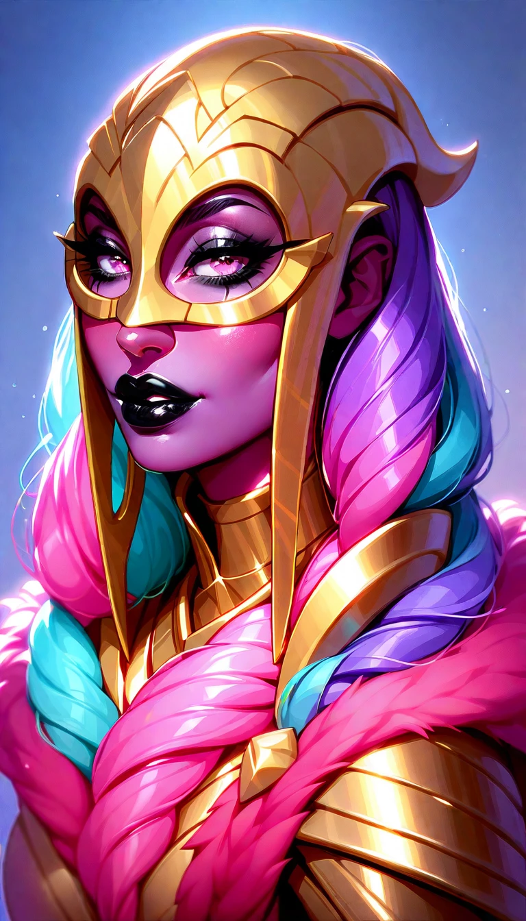 score_9, score_8_up, score_7_up,
PrinceShaded,
fbq, qtj, Veil Over Eyes, (eyeless, covered eyes), parted lips, blue skin, gold tiara, shoulder pads, cleavage, short hair,