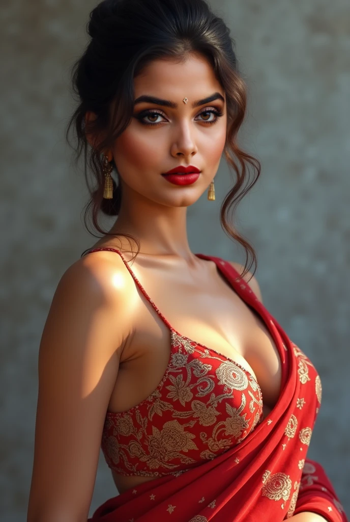 big , night bokeh effect background, Perfect pink eyes, Great face, Indian, Beautiful appearance, ((Red lips, Bright Eyes, Curve Heir 1.5)), ((Beautiful detailed body)), Amazing gorgeous, amazing beautiful face, Pretty face, Bright Eyes, allured chest, small waist, Elegant printed shirt with attention to detail, kneeling, Updo Elegant Hair, Blurred gray tone background, super concentrated, Illuminate, Facial details, 8k resolution, I drew, Dry brush, Brush strokes,