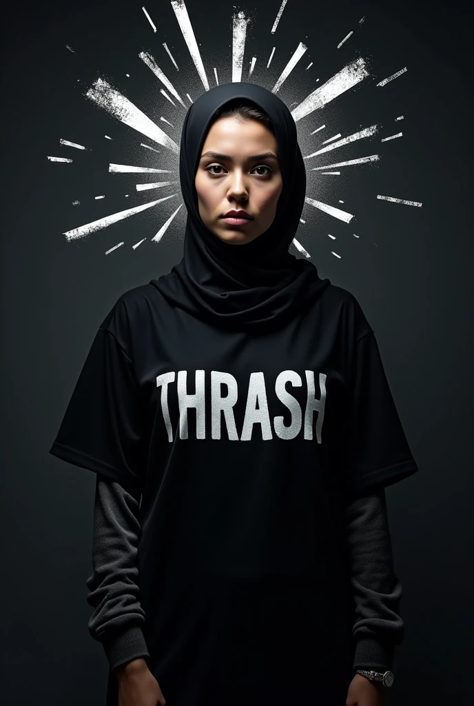 A hijaber indonesian pretty woman, wearing a tshirt long leging with a strong vector design featuring a silhouetted image of a five-fingered palm in pastel colour with love and light. The phrase "STOP FREE SEX" is displayed in bold simple elegand, distressed typography with pastel colours, while holding her skirt with legings, wave a hand at the camera, in a top of mountains, surrounded by many dark monster, jav idol, with front shooting angle, very realistic, (complex detail: 0.9), (hdr, hyperdetail: 1.2), RAW, Sony Alpha a9 II, 24-105mm f/4, HDR,