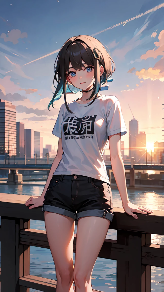 masterpiece, best quality, 1girl, solo, guizhong_genshin, t-shirt, short pants, thigh