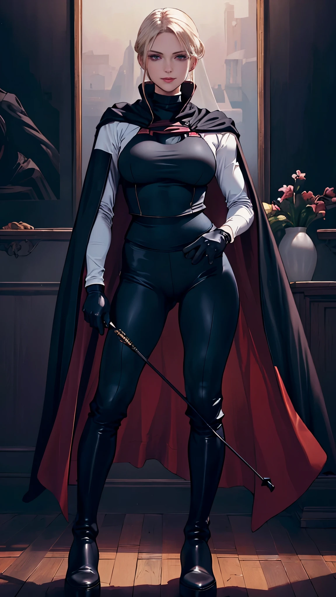 (masterpiece, top quality, best quality, official art, beautiful and aesthetic:1.2), (1girl:1.3), light freckles, fair skin, extremely detailed, portrait, looking at viewer, solo, (full body:0.6), detailed background, close up, (dark gothic theme:1.1), nun with guns, charlatan, smirk, mysterious, swaggering through cathedral, modest attire, black habit, cowl, nun hood, wimple, thigh-high boots, bodysuit, leotard, loose sleeves, cloak, corset, leather straps, ammunition pouches, long boots, submachineguns, SMGs, MP5s, thigh pouches, holsters, garters, ((((narrow hips, slim sexy body, gigantic breasts)))), slim waist, slim hips, long legs, modern (cathedral exterior:1.1) background, dark mysterious lighting, shadows, magical atmosphere, dutch angle,