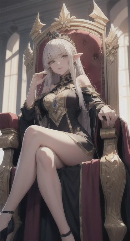 masterpiece, ultra detailed, 8K Portrait, Raw photo, a portrait photo of girl, Highly detailed face, beautiful and meticulous eyes, ((Fantasy)), (elf:1.0), 1woman, 30 year old, gray long hair, brown eyes, (melancholy expression:1.2), tiara, skinny, (ultra thin transparent gold silk cloth), hooded long white coat Fluttering in the wind, ((bare foots)), Midday Sun, Hyper realistic, out of medieval castle in the sky, sitting on the throne, Ambient lighting, Shadow details , strong breeze, Light fog