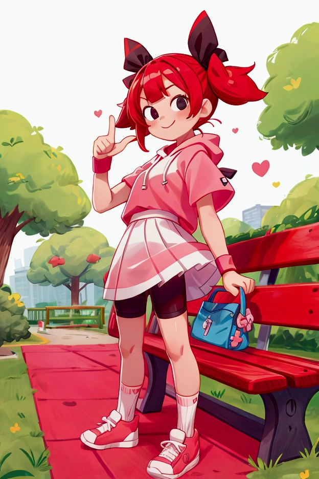 1girl, red hair, twintails, black eyes, hair bow, pink hoodie, short sleeves, wristband, white skirt, bike shorts, socks, sneakers, outdoors, park, bench, standing, pointing at viewer, wink, looking at viewer score, smile