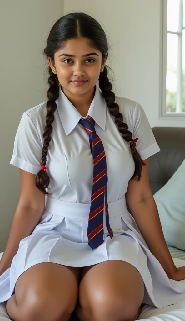 a beautiful cute young teen girl, ((huge breasts size)), detailed white frock uniform, color tie, sitting on bed, (((spread open legs))), full body, (((sexy thick thighs, clear perfect pussy))), wide photo ,cinematic lighting, hyperrealistic, photorealistic, 8k, masterpiece, high quality, intricate details, tanned dark color skin, sweaty skin, ((((seductive facial features, upskirt)))), ((nsfw:1.5)), ((dynamic sexy pose))