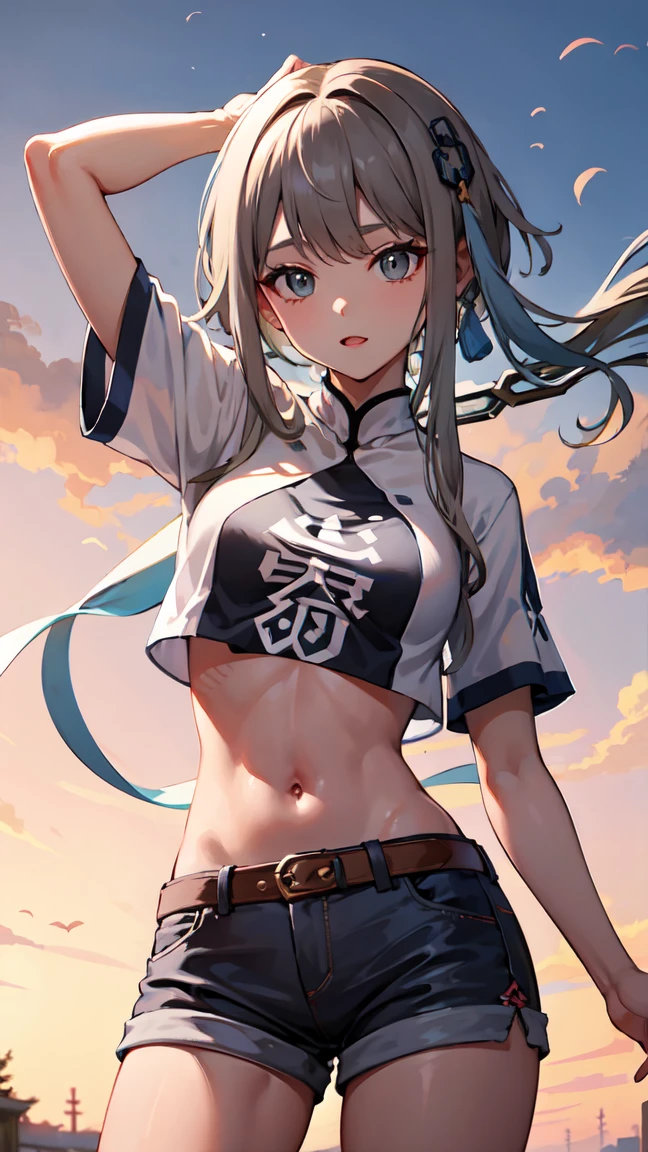 masterpiece, best quality, 1girl, solo, guizhong_genshin, gray hair, t-shirt, hot pants, thigh