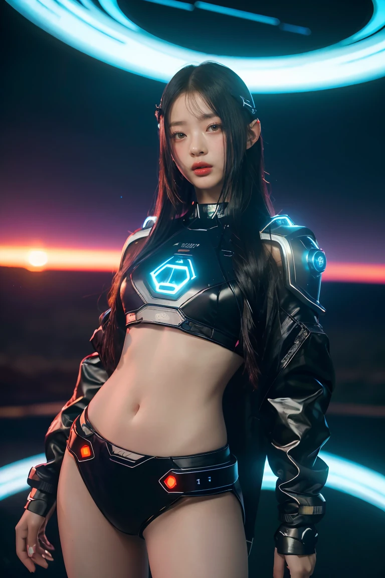 ((masterpiece, best quality, extremely detailed), volumetric lighting, ambient occlusion, colorful, glowing), 1girl, solo, young girl, (dark hair), long hair, halo, aura, sacred, godness, cyber suit, (black outfit:1.3), android, bot, cybernetic wings, outdoors, sunset, sky, clouds, space, (cyberpunk theme:1.2),