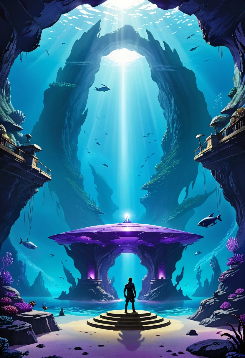  an underwater cave in the ocean , in the center is a pedestal ,  purple pearl on the catwalk,  around a prominence of energy , young guy in the center ,  movie poster ,  20atmosphere , on parchment,  sci-fi landscape,  high quality ,  in the style of the Imperial Legion 