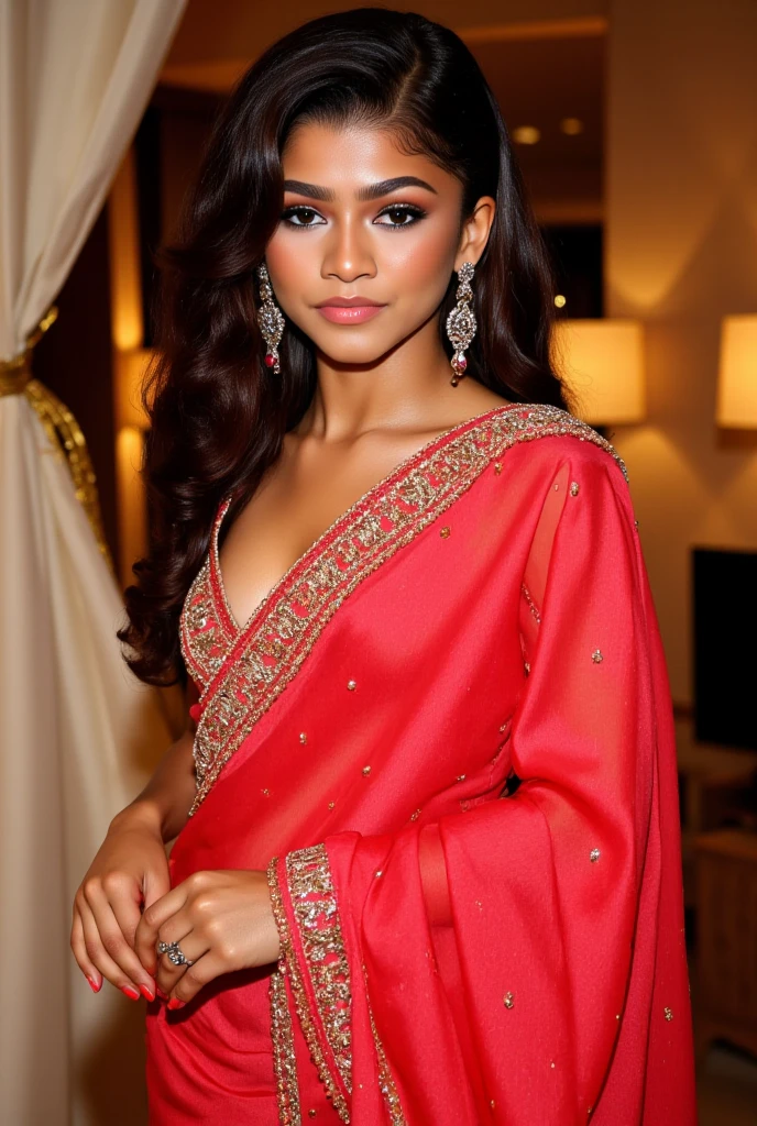 Generate a high-resolution image of Zendaya, the American actress and singer, wearing a modern, vibrant red silk saree with intricate gold embroidery and small sparkling embellishments. The saree is elegantly draped in a contemporary style that flatters her figure, with a focus on her confident and charismatic expression. She has her natural curls styled in loose waves, framing her face, and her makeup features bold, dramatic eyes with dark eyeliner and mascara, and a pop of color on her lips. She accessorizes with statement earrings that have an intricate design and small dangling tassels, adding a touch of traditional elegance to her look. Her hands are gracefully posed, with nails painted in a complementary shade. The background is softly blurred, suggesting an upscale indoor setting with warm, natural light, perhaps a stylish bedroom or a luxurious living room. The overall aesthetic captures Zendaya's bold fashion sense and celebrates the fusion of traditional and modern fashion elements.