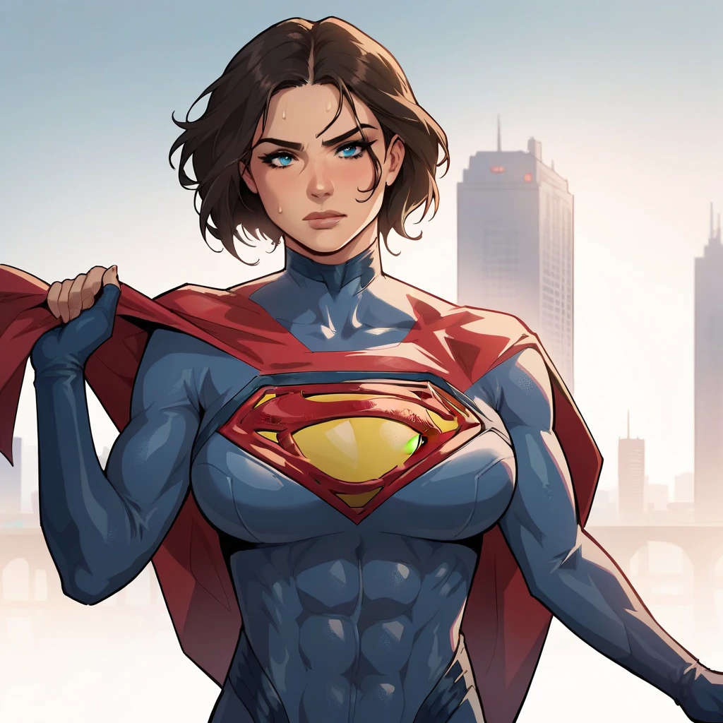 1girl, solo, breasts, looking at viewer, short hair, blue eyes, simple background, large breasts, brown hair, black hair, white background, closed mouth, medium breasts, upper body, cape, lips, muscular, bodysuit, abs, genderswap, skin tight, muscular female, red cape, animification, superhero, blue bodysuit, standing, cityscape, horny, sexy, hips, curvy_figure, curvaceous, sweating, seducing, supergirl, AdamHughesStyle