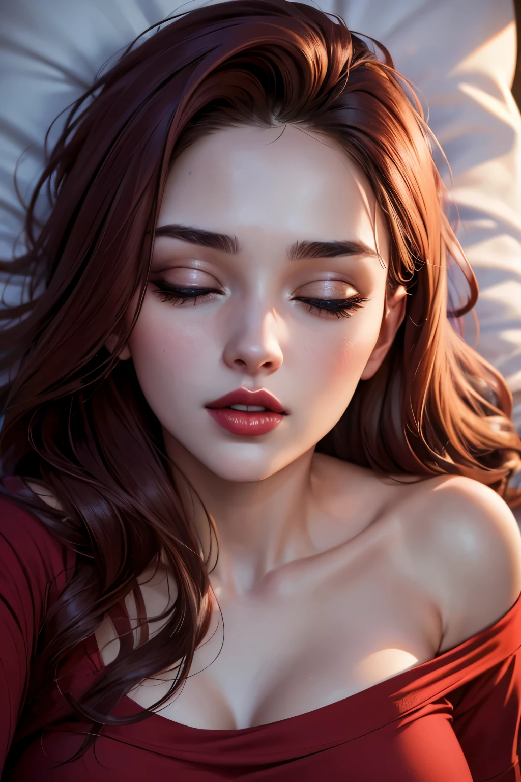 Amazing portrait of a woman who is 30 years old and an adult and a cute woman with her black hair in two medium ponytails having sexy eyes in an intense eye contact and a small nose with red lips having an orgasmic face showcasing her neck and collarbone in a loose dark pink t shirt emphasizing her bare shoulder as she's lying on bed with her head on pillow facing up in her bedroom which is a dark room with one lamp during night time with soft lighting showcasing her red lips and her beautiful face in detail and close up