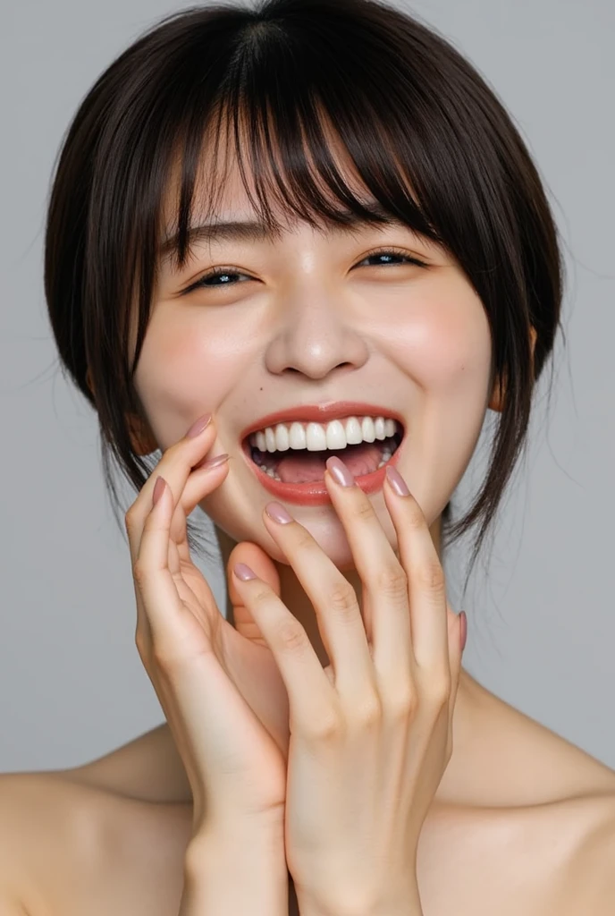  1 girl, alone,  high definition , chest ,  anatomically correct, Japanese wife 、45 years old、short hair、Laughing/ good laugh, Cover your mouth with something, 